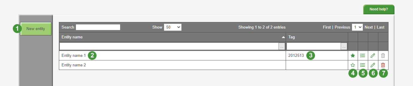 Image shows the Entities List screen in the software. The on-screen options have been labelled with numbers which correspond to the numbers in the table below.